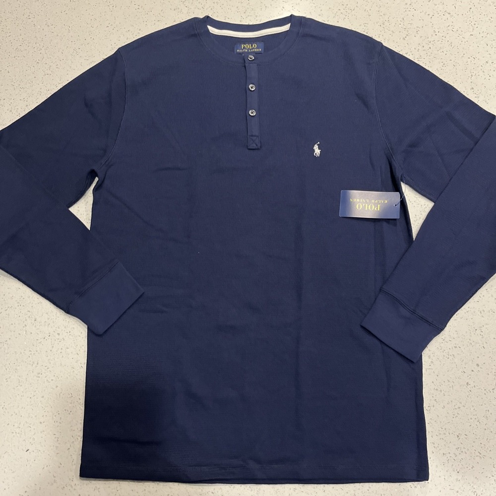 NWT Polo Ralph Lauren Waffle Knit Henley Thermal Crew-Neck T-Shirt SZ- L - Blue